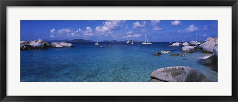 Framed Rocks at the coast with boats in the background, The Baths, Virgin Gorda, British Virgin Islands Print