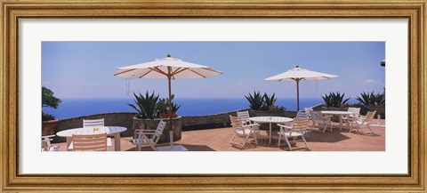 Framed Patio umbrellas in a cafe, Positano, Amalfi Coast, Salerno, Campania, Italy Print