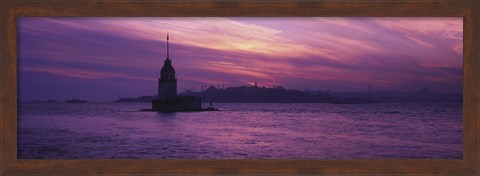 Framed Lighthouse in the sea with mosque in the background, St. Sophia, Leander&#39;s Tower, Blue Mosque, Istanbul, Turkey Print