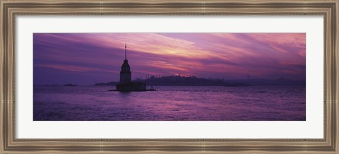 Framed Lighthouse in the sea with mosque in the background, St. Sophia, Leander&#39;s Tower, Blue Mosque, Istanbul, Turkey Print