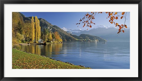 Framed Switzerland, Canton Lucerne, Lake Vierwaldstattersee Vitznau, Panoramic view of mountains around a lake Print