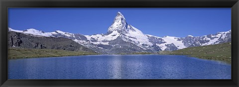 Framed Panoramic View Of A Snow Covered Mountain By A Lake, Matterhorn, Zermatt, Switzerland Print