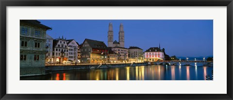 Framed Buildings at the waterfront, Grossmunster Cathedral, Zurich, Switzerland Print