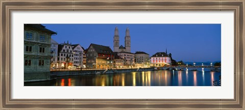 Framed Buildings at the waterfront, Grossmunster Cathedral, Zurich, Switzerland Print