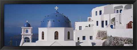 Framed Greece, Santorini, Fira, Church of Anastasis, Blue dome on a Church Print