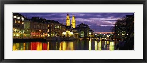 Framed Reflection of night lights in River Limmat Zurich Switzerland Print