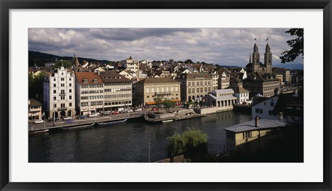 Framed High angle view of buildings along a river, River Limmat, Zurich, Switzerland Print