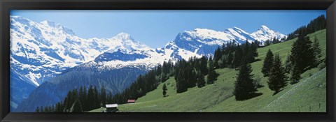 Framed Valley and snow covered peaks, Murren Switzerland Print