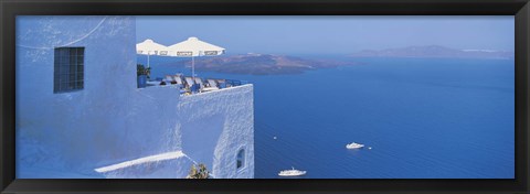 Framed Building On Water, Boats, Fira, Santorini Island, Greece Print