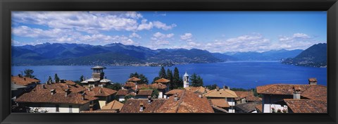 Framed High angle view of buildings near a lake, Lake Maggiore, Vedasco, Italy Print