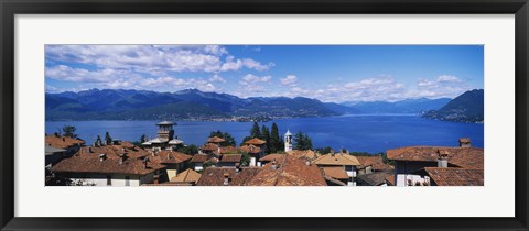 Framed High angle view of buildings near a lake, Lake Maggiore, Vedasco, Italy Print