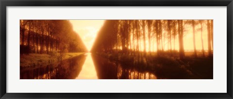 Framed Belgium, tree lined waterway through countryside, sepia tone Print