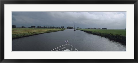 Framed Motorboat in a canal, Friesland, Netherlands Print