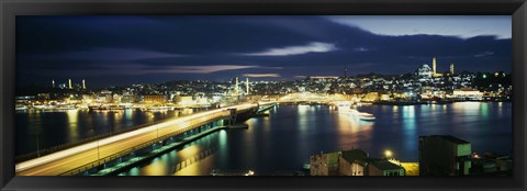 Framed High angle view of a bridge lit up at night, Istanbul, Turkey Print