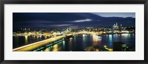 Framed High angle view of a bridge lit up at night, Istanbul, Turkey Print