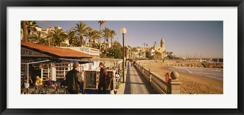 Framed Tourists in a cafe, Tapas Cafe, Sitges Beach, Catalonia, Spain Print