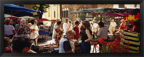 Framed Group of people in a street market, Ceret, France Print