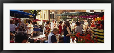 Framed Group of people in a street market, Ceret, France Print