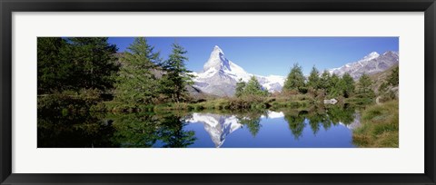 Framed Reflection of trees and mountain in a lake, Matterhorn, Switzerland Print