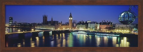 Framed Buildings lit up at dusk, Big Ben, Houses Of Parliament, Thames River, London, England Print