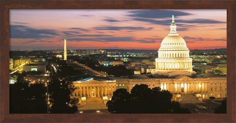 Framed High angle view of a city lit up at dusk, Washington DC, USA Print