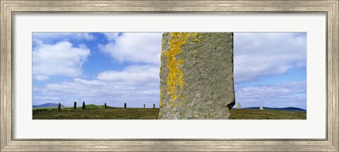 Framed Yellow markings on a pillar in the Ring Of Brodgar, Orkney Islands, Scotland, United Kingdom Print