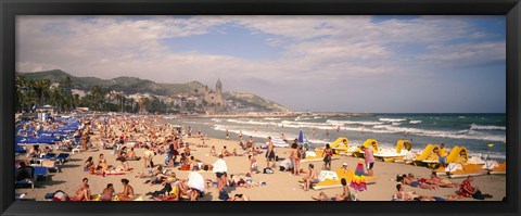 Framed Tourists on the beach, Sitges, Spain Print