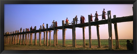 Framed Myanmar, Mandalay, U Bein Bridge, People crossing over the bridge Print