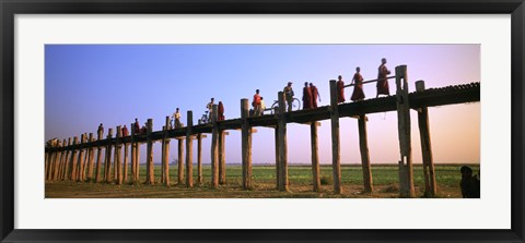 Framed Myanmar, Mandalay, U Bein Bridge, People crossing over the bridge Print