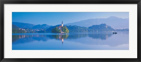 Framed Reflection of mountains and buildings in water, Lake Bled, Slovenia Print