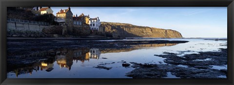 Framed Reflection Of Buildings In Water, Robin Hood&#39;s Bay, North Yorkshire, England, United Kingdom Print