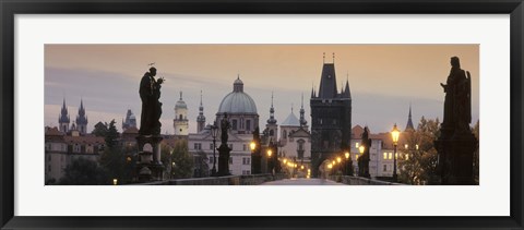 Framed Lit Up Bridge At Dusk, Charles Bridge, Prague, Czech Republic Print