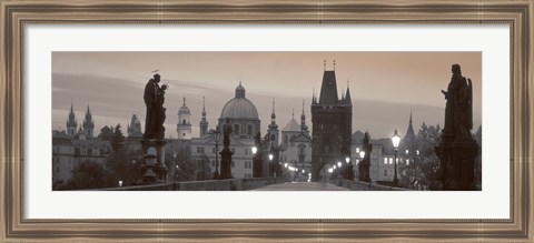 Framed Lit Up Bridge At Dusk, Charles Bridge, Prague, Czech Republic (black and white) Print