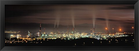 Framed High angle view of oil refinery at lit up at night, La Linea De La Concepcion, Andalusia, Spain Print