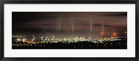 Framed High angle view of oil refinery at lit up at night, La Linea De La Concepcion, Andalusia, Spain Print