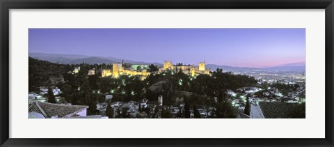 Framed High angle view of a castle lit up at dusk, Alhambra, Granada, Andalusia, Spain Print