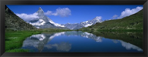 Framed Reflection of mountains in water, Riffelsee, Matterhorn, Switzerland Print