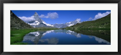 Framed Reflection of mountains in water, Riffelsee, Matterhorn, Switzerland Print