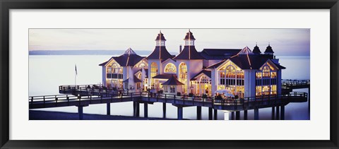 Framed Sea Bridge Lit Up At Dusk, Sellin, Isle Of Ruegen, Germany Print