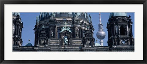 Framed Low angle view of a church, Berliner Dom, with Television Tower (Fernsehturm) in distance, Berlin, Germany Print