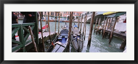 Framed Gondolas moored near a bridge, Rialto Bridge, Grand Canal, Venice, Italy Print