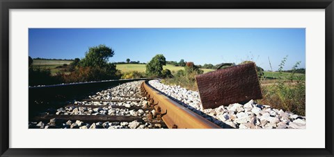 Framed Close-up of a suitcase on a railroad track, Germany Print