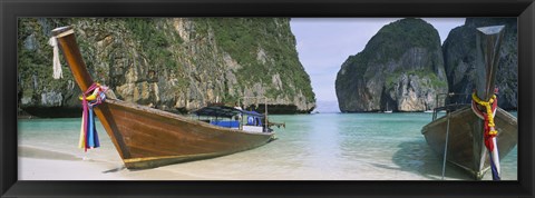 Framed Longtail boats moored on the beach, Mahya Beach, Ko Phi Phi Lee, Phi Phi Islands, Thailand Print