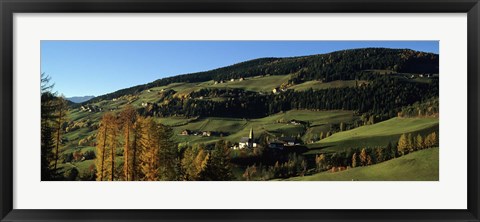 Framed Buildings on a landscape, Dolomites, Funes Valley, Tyrol, Italy Print