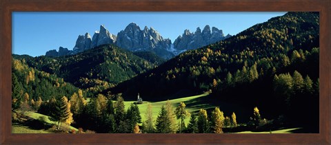 Framed Trees on a landscape, Dolomites, Funes Valley, Le Odle, Santa Maddalena, Tyrol, Italy Print