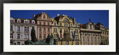 Framed Statue in front of buildings, Jan Hus Monument, Prague Old Town Square, Old Town, Prague, Czech Republic Print