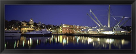 Framed Reflection of buildings in water, The Bigo, Porto Antico, Genoa, Italy Print