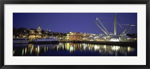 Framed Reflection of buildings in water, The Bigo, Porto Antico, Genoa, Italy Print