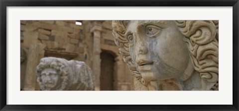 Framed Close-up of statues in an old ruined building, Leptis Magna, Libya Print