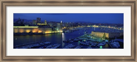 Framed Old Port at dusk, Marseille, Bouches-Du-Rhone, Provence-Alpes-Cote Daze, France Print